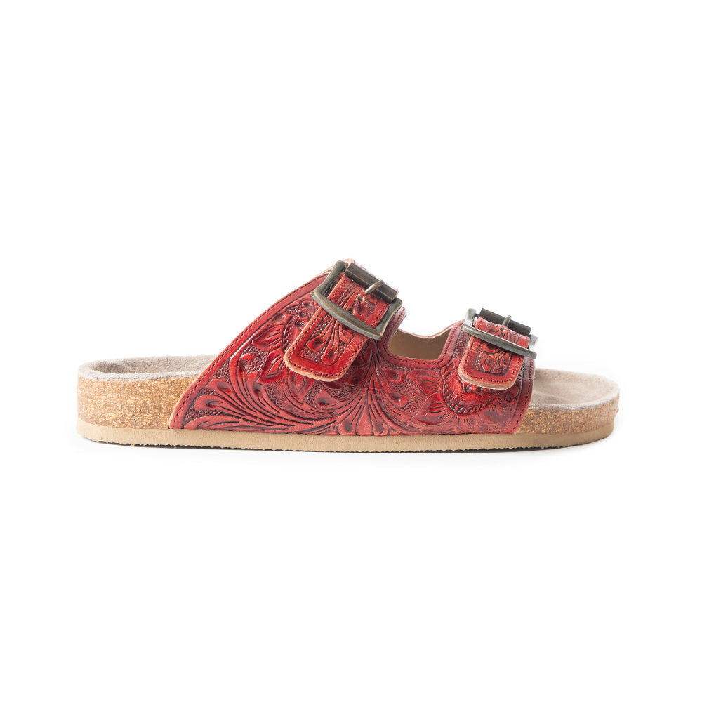 Myra Falling Feather Red Tooled Leather Sandals for Women - Dual Strap Casual Slides with Cushioned Sole for All-Day Comfort - Myra USA