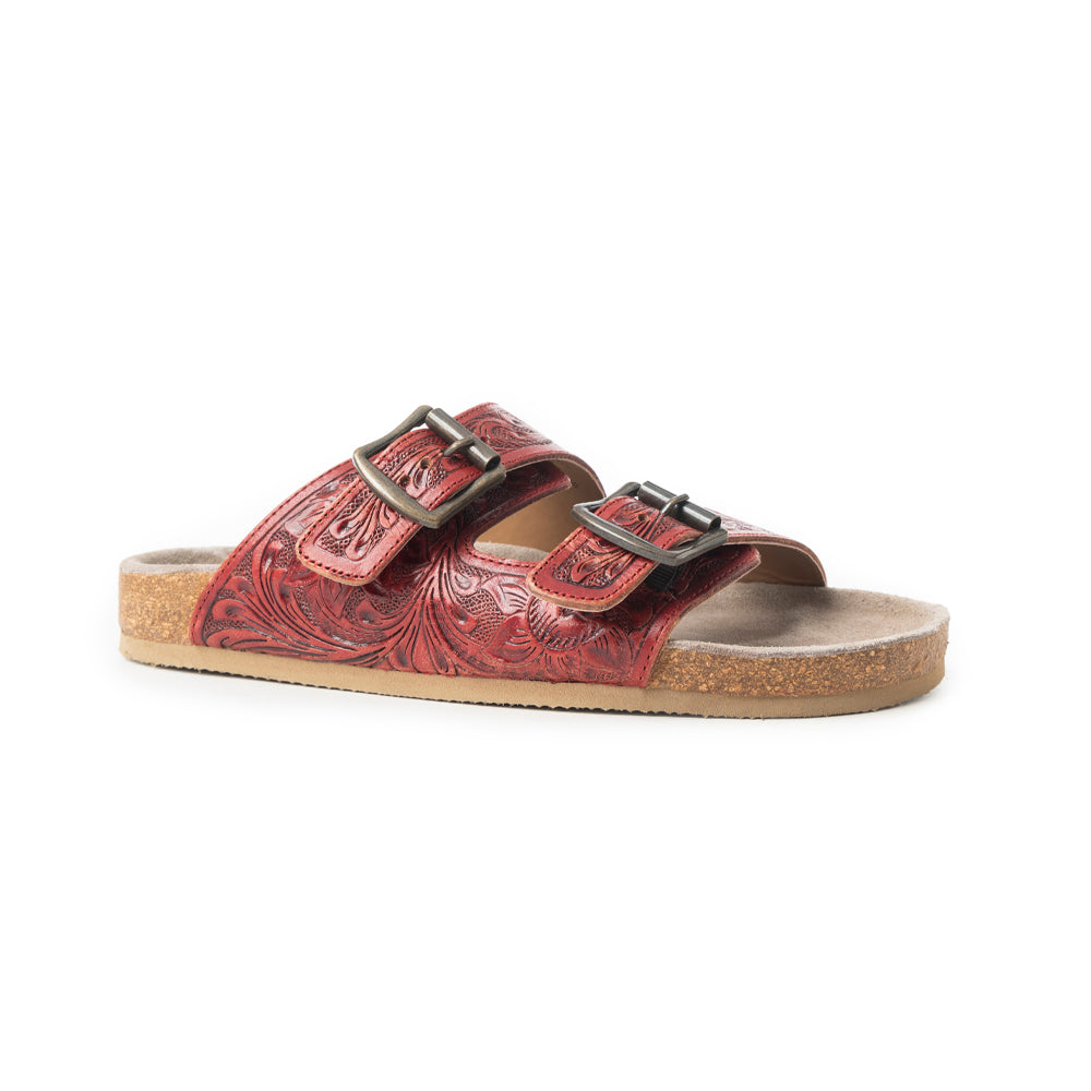 Myra Falling Feather Red Tooled Leather Sandals for Women - Dual Strap Casual Slides with Cushioned Sole for All-Day Comfort - Myra USA