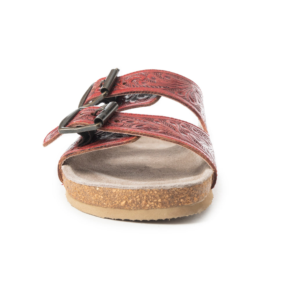 Myra Falling Feather Red Tooled Leather Sandals for Women - Dual Strap Casual Slides with Cushioned Sole for All-Day Comfort - Myra USA