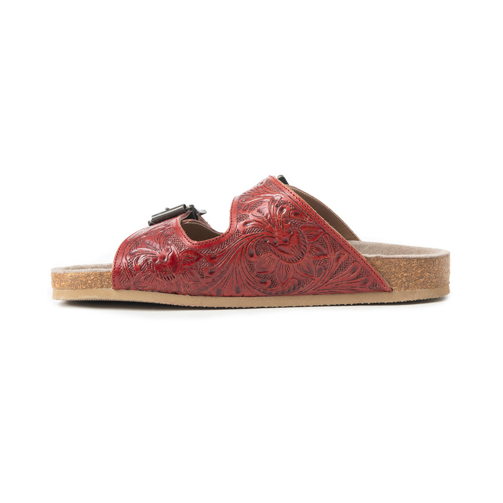 Myra Falling Feather Red Tooled Leather Sandals for Women - Dual Strap Casual Slides with Cushioned Sole for All-Day Comfort - Myra USA