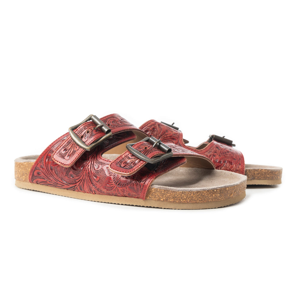 Myra Falling Feather Red Tooled Leather Sandals for Women - Dual Strap Casual Slides with Cushioned Sole for All-Day Comfort - Myra USA