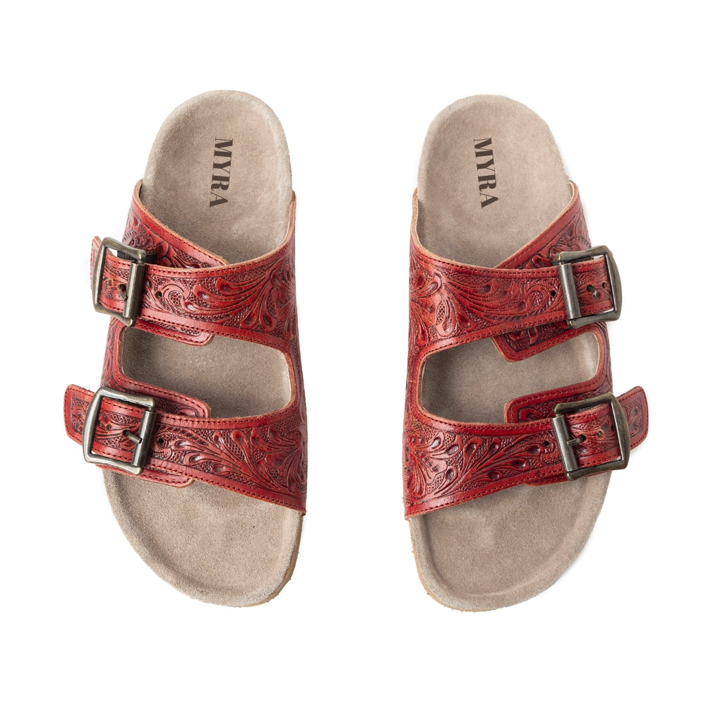 Myra Falling Feather Red Tooled Leather Sandals for Women - Dual Strap Casual Slides with Cushioned Sole for All-Day Comfort - Myra USA