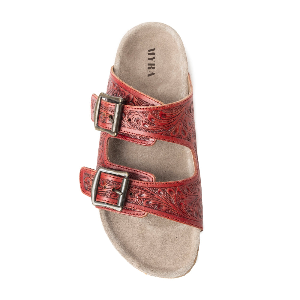 Myra Falling Feather Red Tooled Leather Sandals for Women - Dual Strap Casual Slides with Cushioned Sole for All-Day Comfort - Myra USA