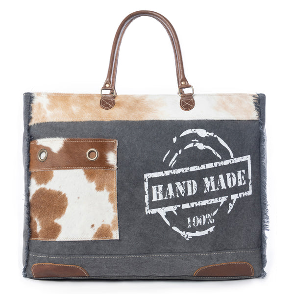 Myra Dakota Trail Hairon Leather Weekender Bag – Handmade Canvas Print with Rustic Fringe Sides & Leather Handles - Myra USA
