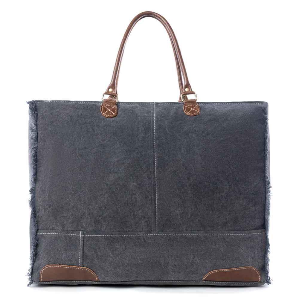 Myra Dakota Trail Hairon Leather Weekender Bag – Handmade Canvas Print with Rustic Fringe Sides & Leather Handles