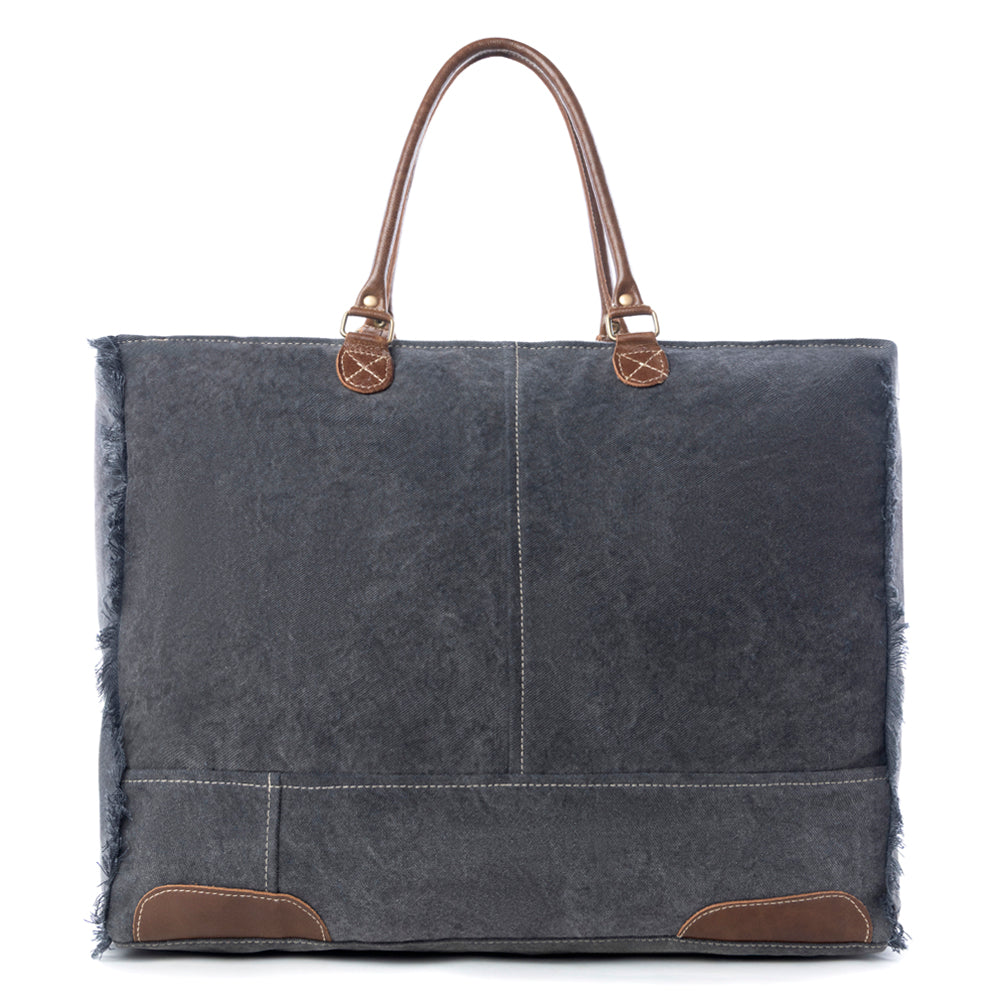 Myra Dakota Trail Hairon Leather Weekender Bag – Handmade Canvas Print with Rustic Fringe Sides & Leather Handles - Myra USA