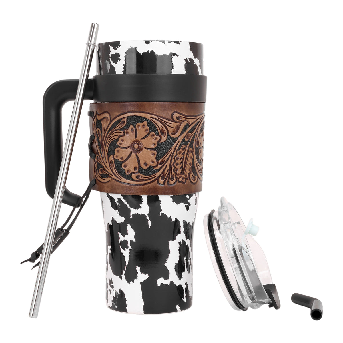 Myra Wide Wyoming Tumbler in black and white with cowhide print and tooled leather design for everyday use - Myra USA