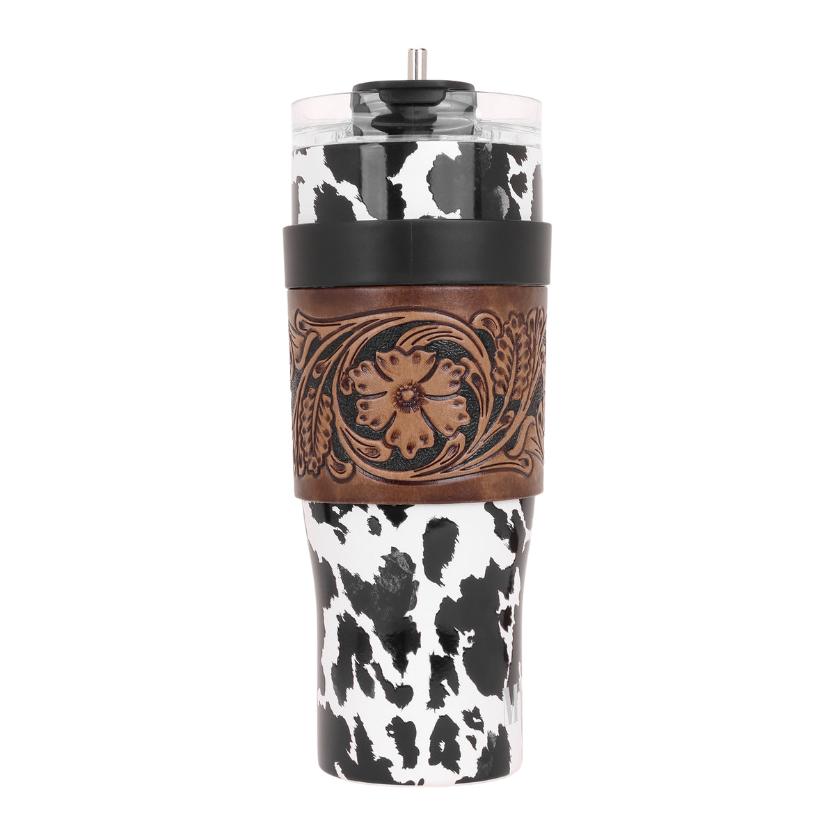 Myra Wide Wyoming Tumbler in black and white with cowhide print and tooled leather design for everyday use - Myra USA