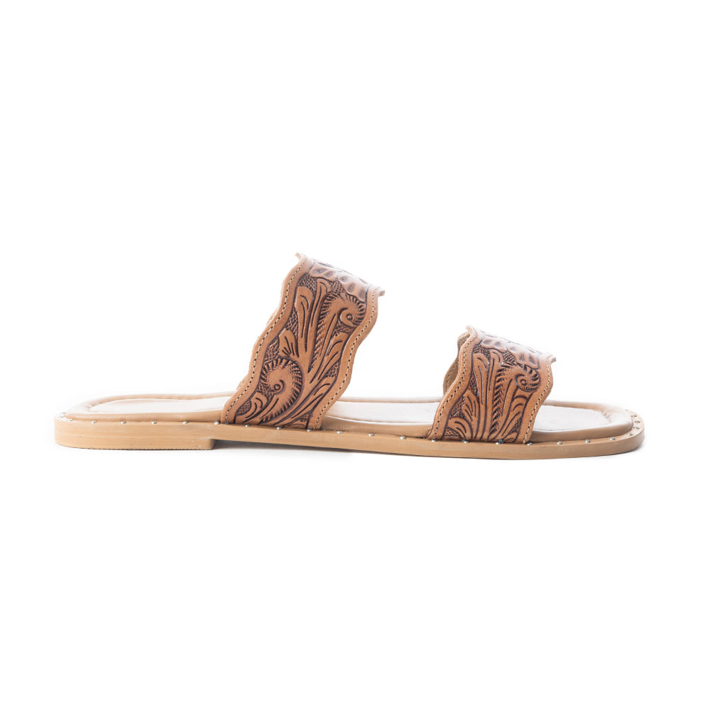 Myra Santa Fe Daisy Leather Sandals for Women - Handtooled Slides with Intricate Floral Design for Summer Comfort - Myra USA