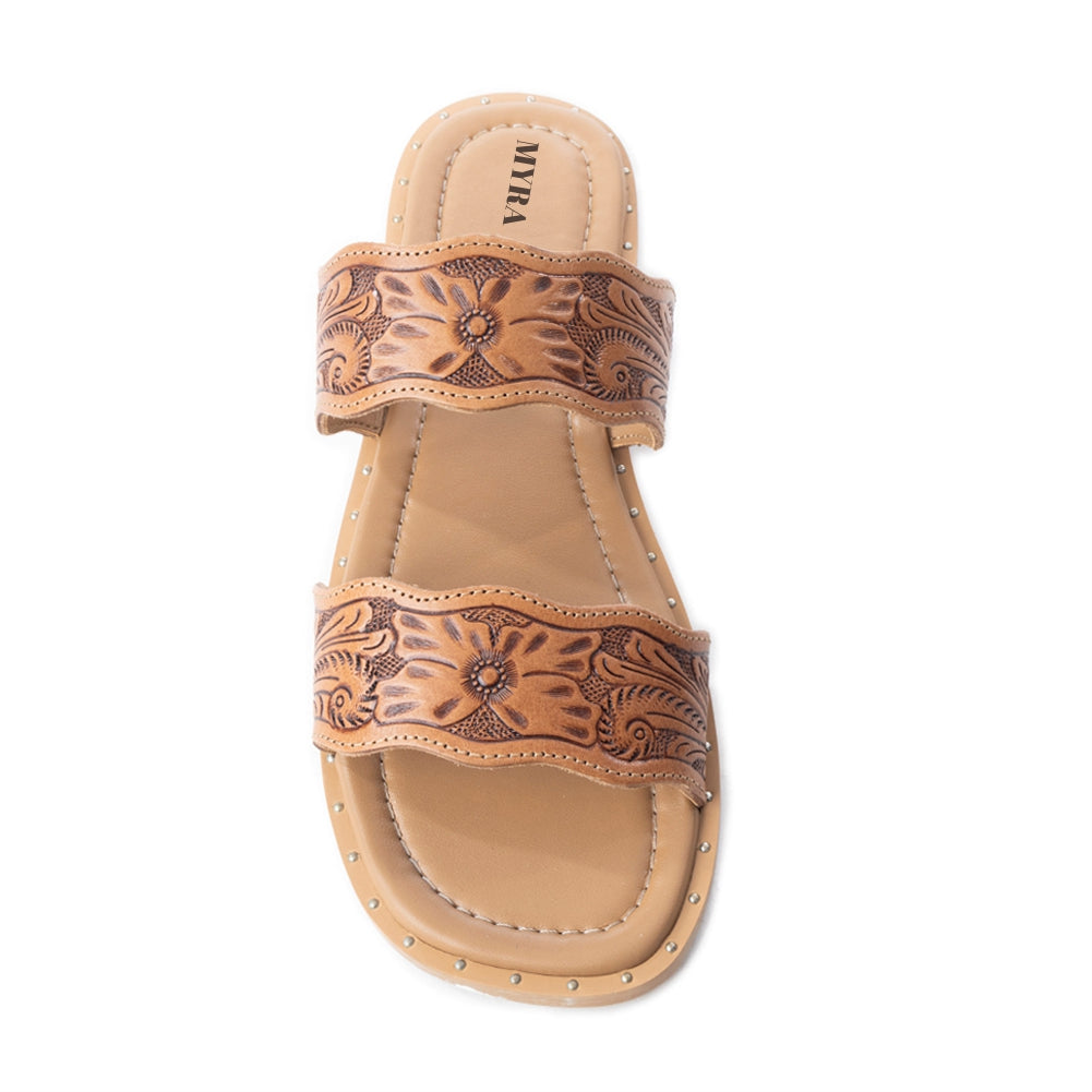 Myra Santa Fe Daisy Leather Sandals for Women - Handtooled Slides with Intricate Floral Design for Summer Comfort - Myra USA