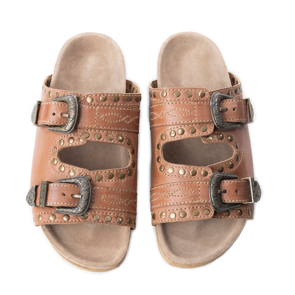 Myra Great Sonora Sunset Studded Leather Sandals for Women – Cork Sole, Antique Brass Dual Buckles for All-Day Comfort - Myra USA