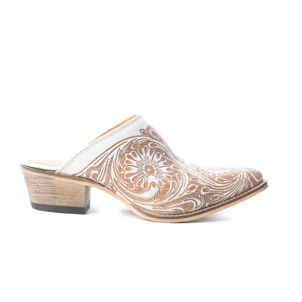 Myra Valeria White Leather Mules for Women - Handtooled Desert Bloom Pattern with Block Heels for Stylish Comfort - Myra USA