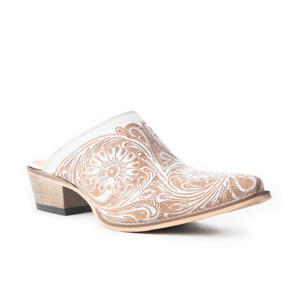 Myra Valeria White Leather Mules for Women - Handtooled Desert Bloom Pattern with Block Heels for Stylish Comfort - Myra USA