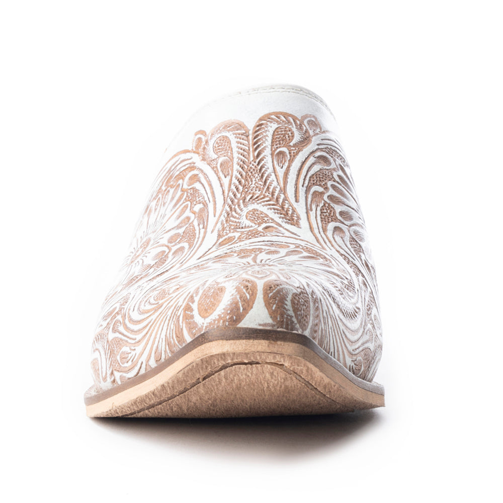 Myra Valeria White Leather Mules for Women - Handtooled Desert Bloom Pattern with Block Heels for Stylish Comfort - Myra USA