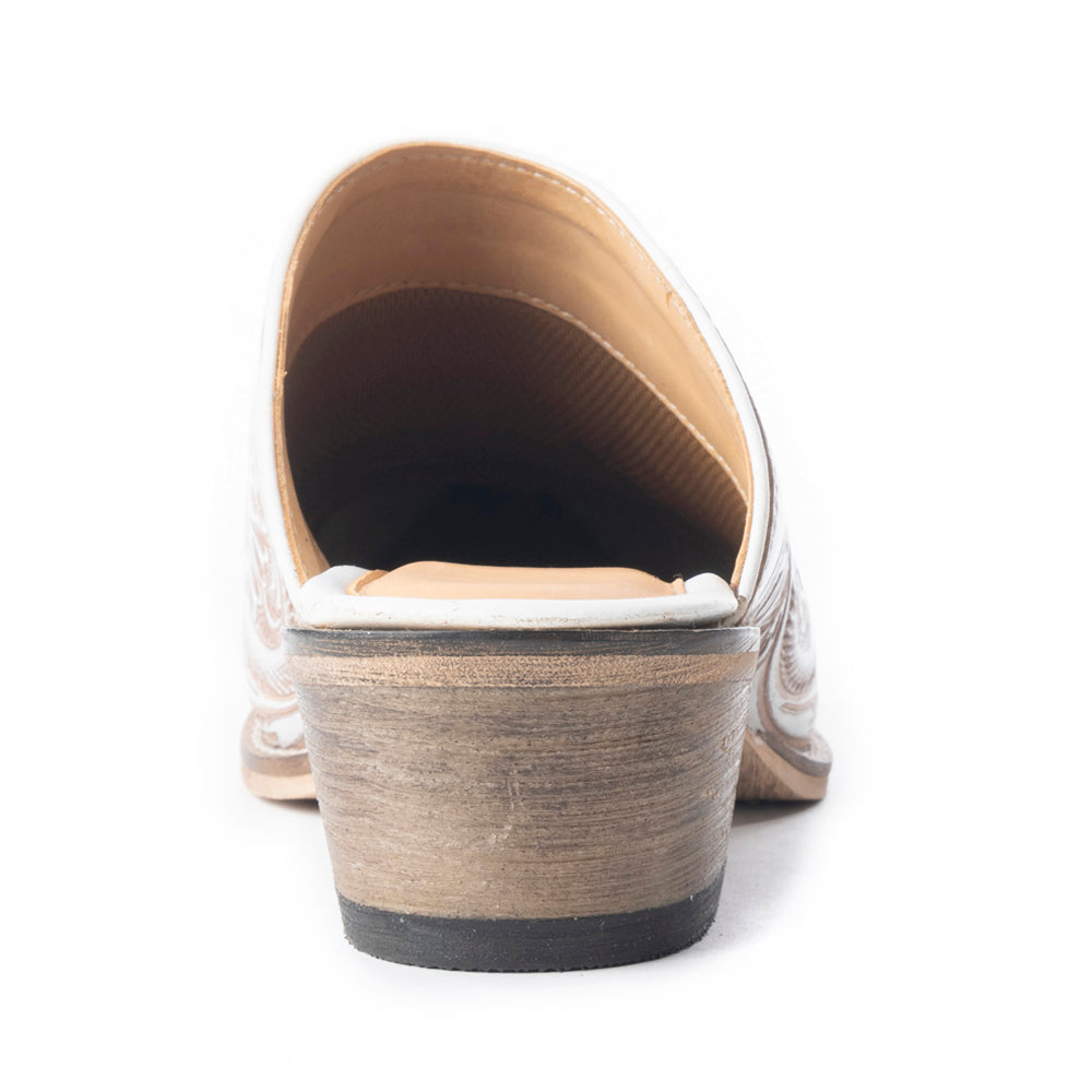 Myra Valeria White Leather Mules for Women - Handtooled Desert Bloom Pattern with Block Heels for Stylish Comfort - Myra USA