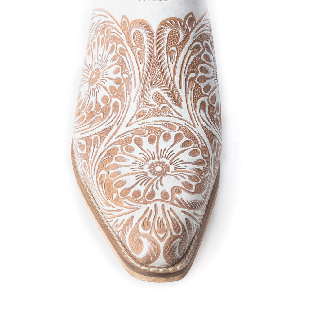 Myra Valeria White Leather Mules for Women - Handtooled Desert Bloom Pattern with Block Heels for Stylish Comfort - Myra USA
