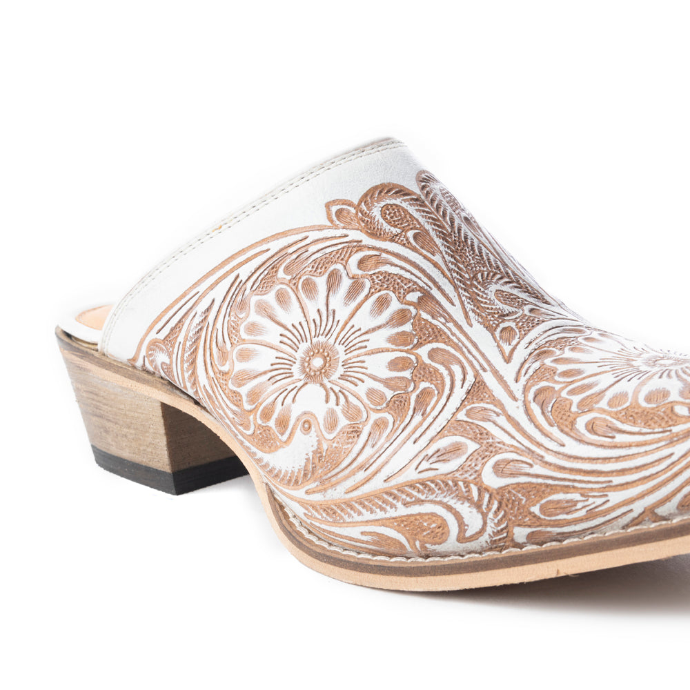 Myra Valeria White Leather Mules for Women - Handtooled Desert Bloom Pattern with Block Heels for Stylish Comfort - Myra USA