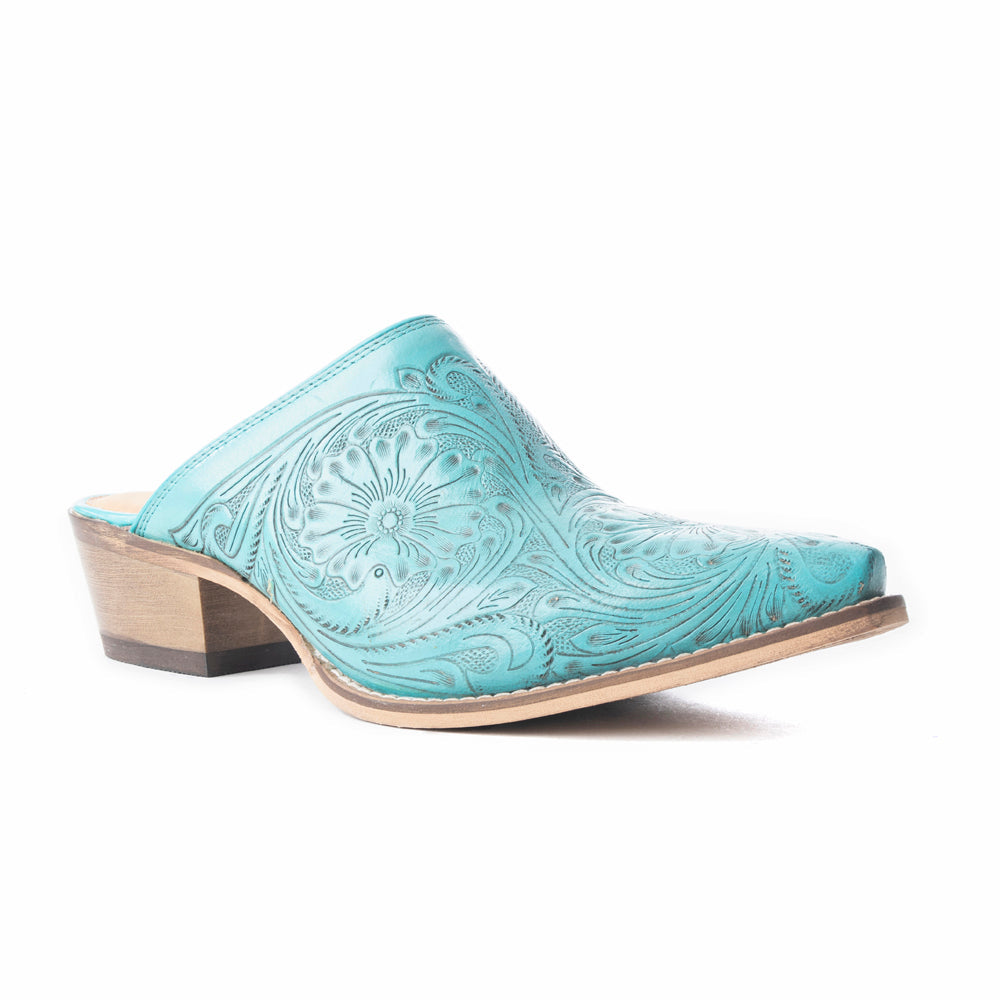 Valeria Hand-tooled Mules In Turquoise - Myra USA