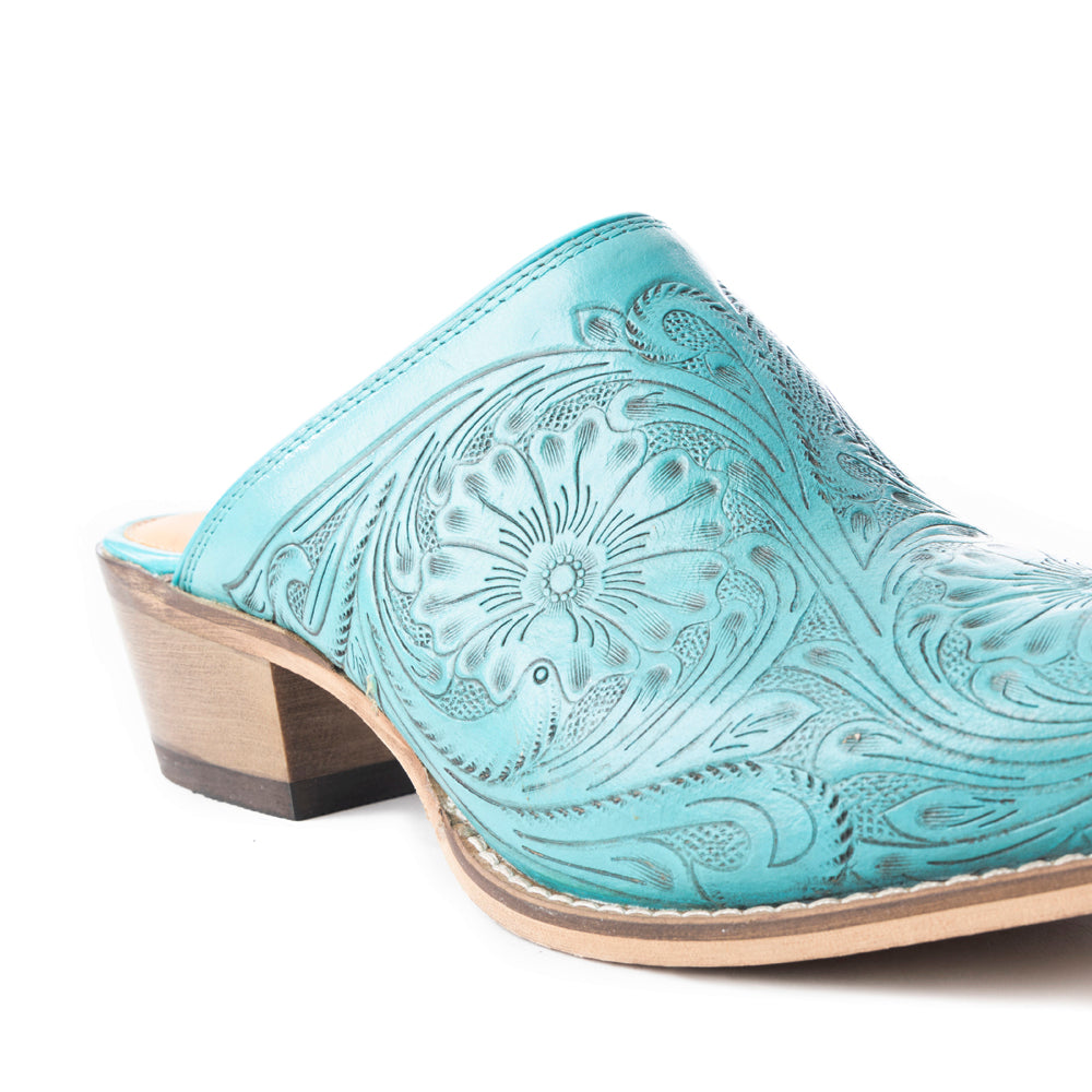 Valeria Hand-tooled Mules In Turquoise - Myra USA