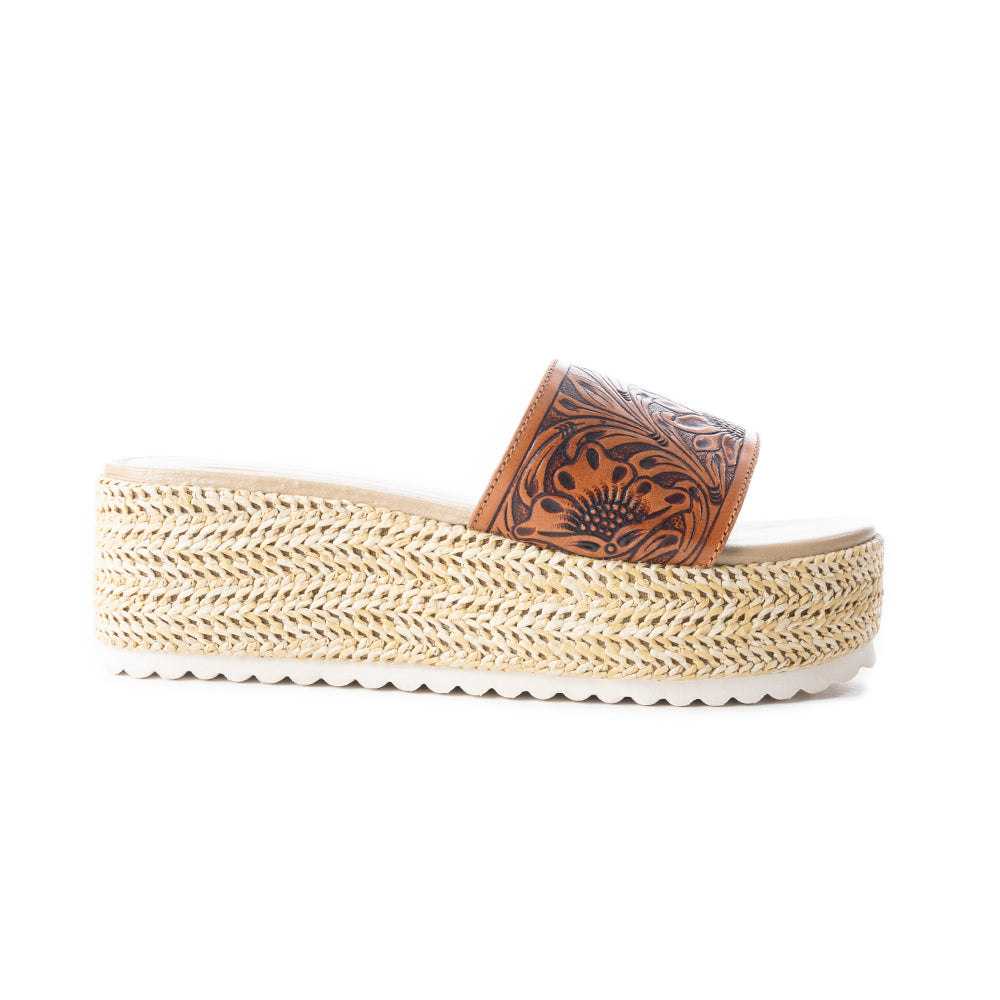 Myra Gloriana Leather Sandals for Women - Casual Platform Sandals with Western Handtooled Floral Finish - Myra USA
