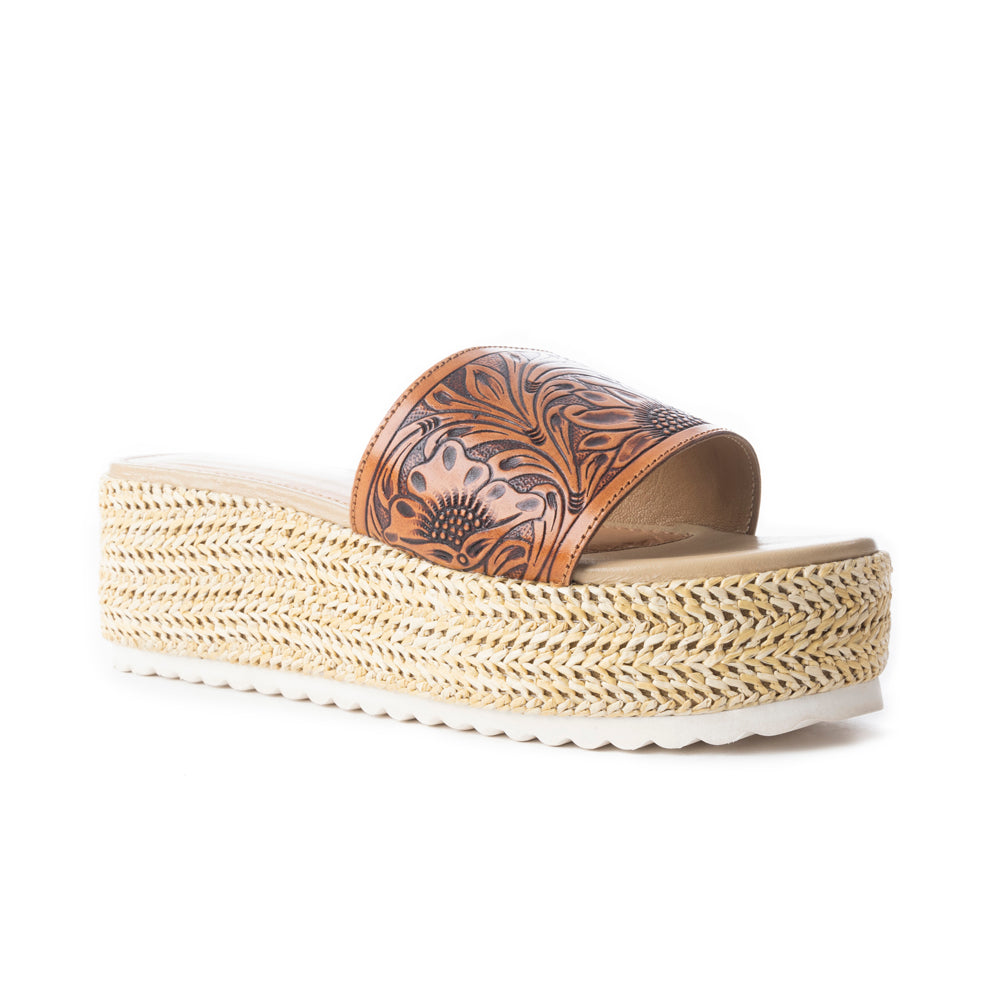 Myra Gloriana Leather Sandals for Women - Casual Platform Sandals with Western Handtooled Floral Finish - Myra USA
