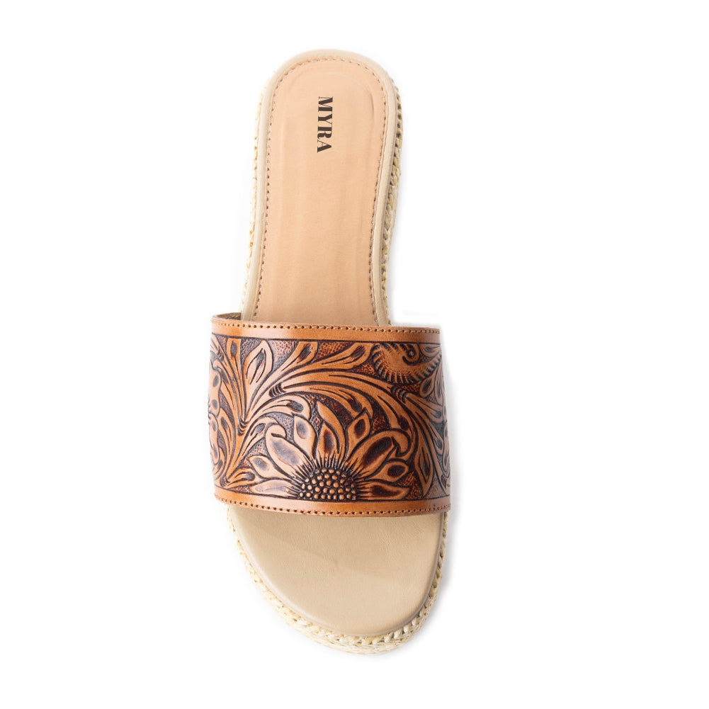 Myra Gloriana Leather Sandals for Women - Casual Platform Sandals with Western Handtooled Floral Finish - Myra USA