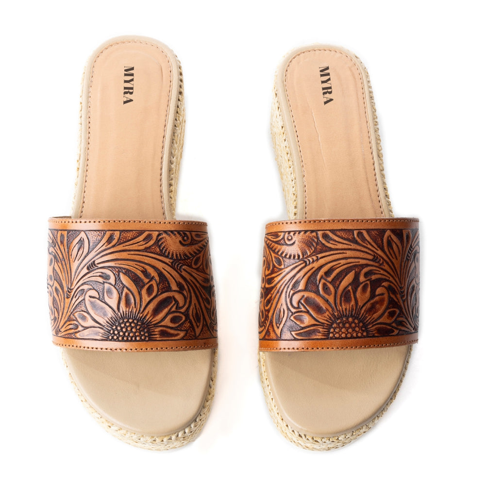 Myra Gloriana Leather Sandals for Women - Casual Platform Sandals with Western Handtooled Floral Finish - Myra USA