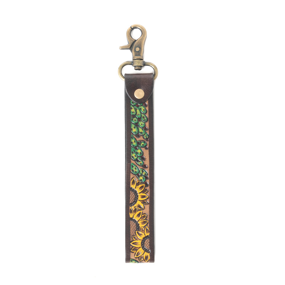 Verdant Vines Tooled Leather Key Fob in Copper Brown - Myra USA