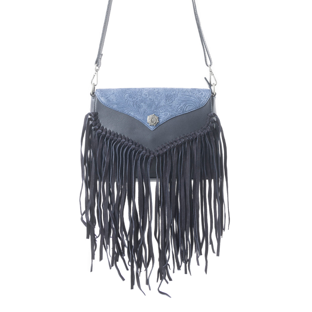 Wild West Fringe Leather Crossbody Bag in Ash Denim - Myra USA
