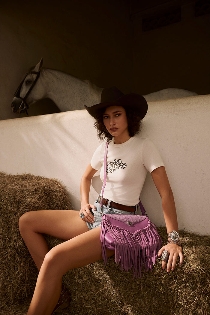Wild West Fringe Leather Crossbody Bag in Purple