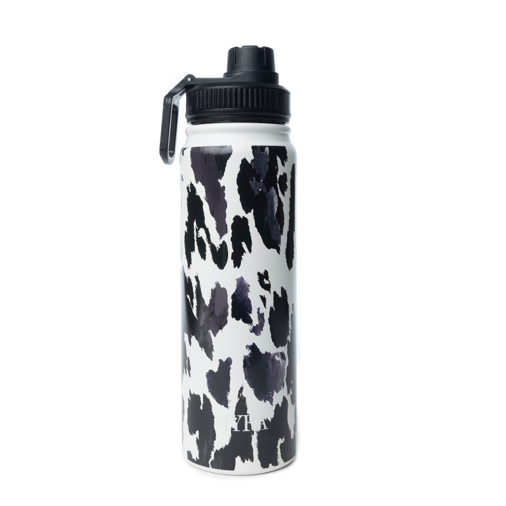 Moo & Bloom Stainless Steel Water Bottle in Black Leopard Print - Myra USA