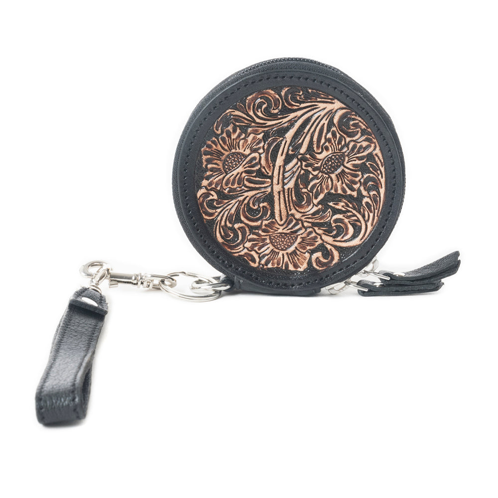 Botanic Bliss Handtooled Leather Coin Pouch in Golden Tan - Myra USA