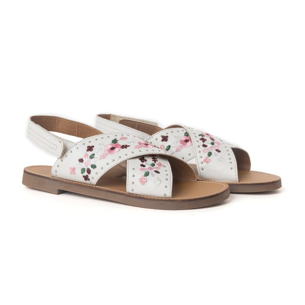 Lilytrail Embroidered Leather Sandals in Frost White - Myra USA