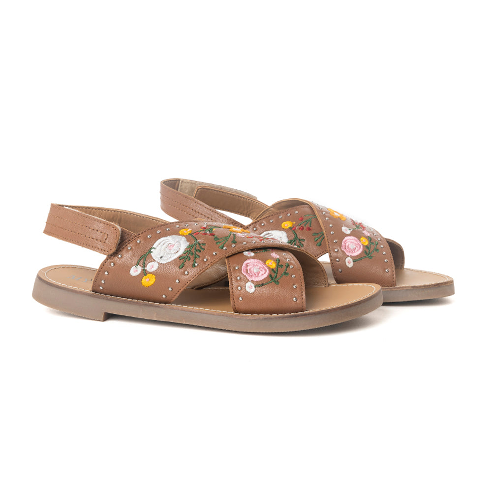 Lilytrail Embroidered Leather Sandals in Tan - Myra USA