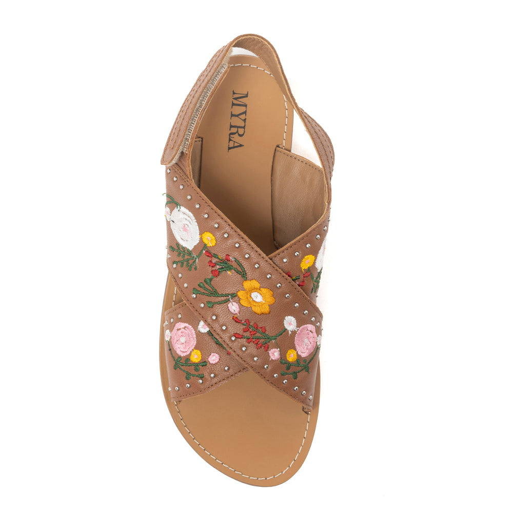 Lilytrail Embroidered Leather Sandals in Tan - Myra USA