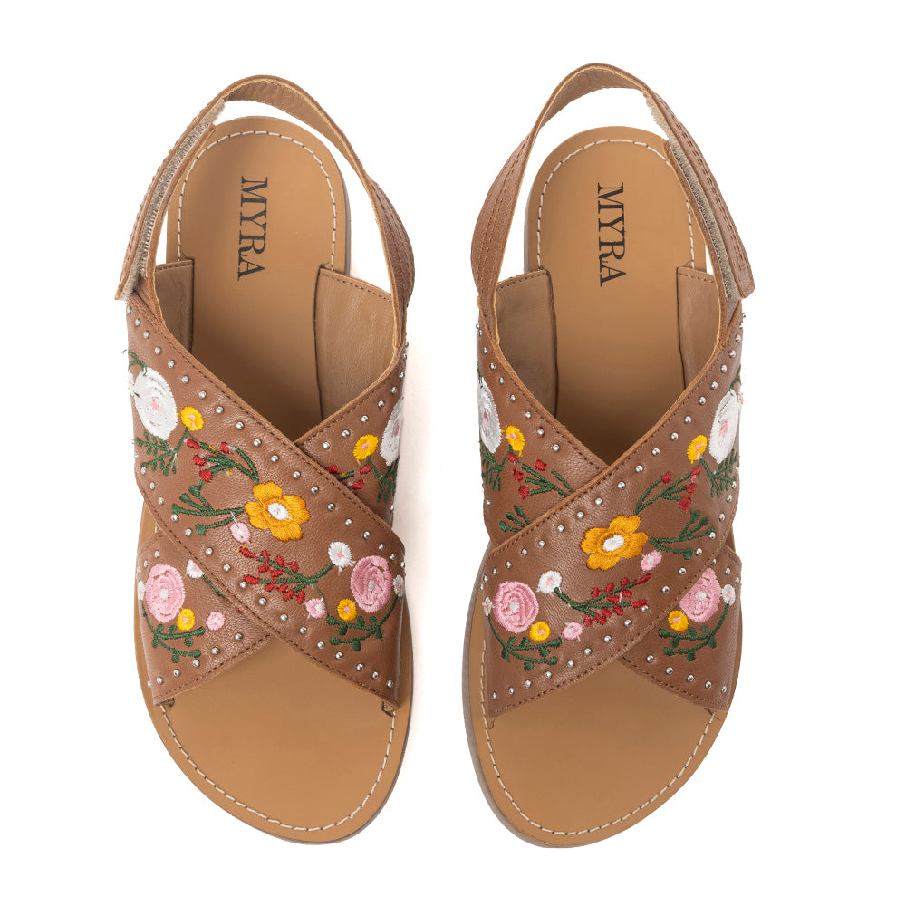 Lilytrail Embroidered Leather Sandals in Tan - Myra USA