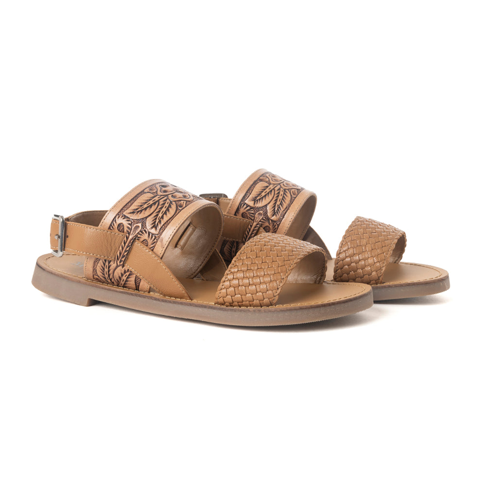 Pinehorn Handtooled Leather Sandals in Oak Brown - Myra USA