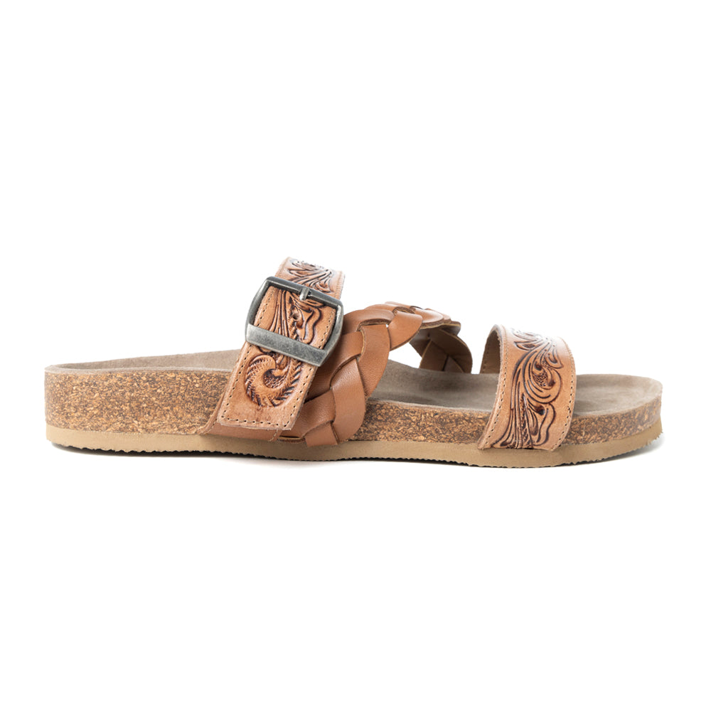 Dustbark Handtooled Leather Sandals in Rustic Tan - Myra USA