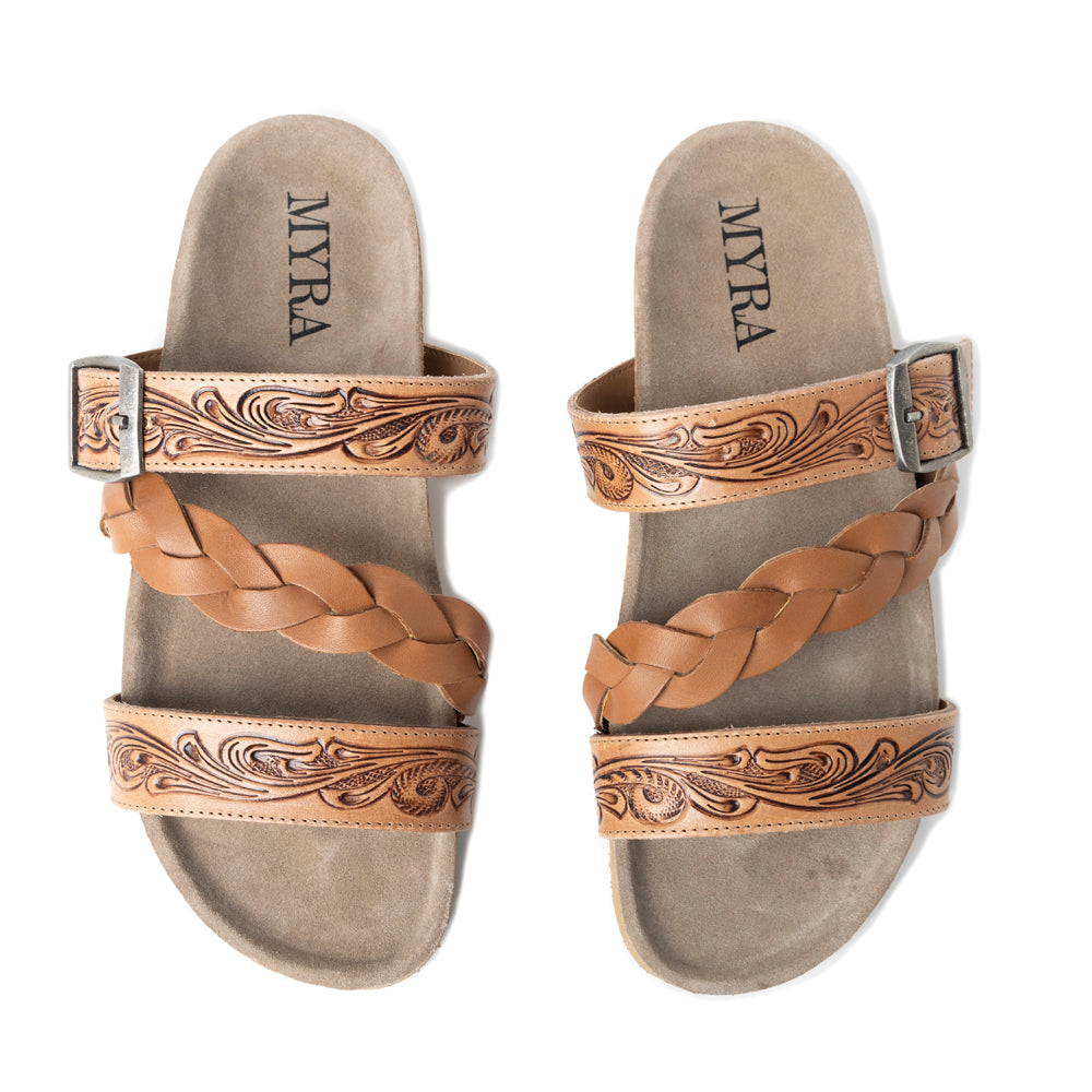 Dustbark Handtooled Leather Sandals in Rustic Tan