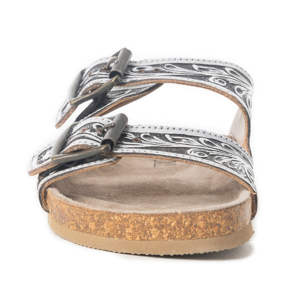 Mesa Scroll Handtooled Sandals in Black & White