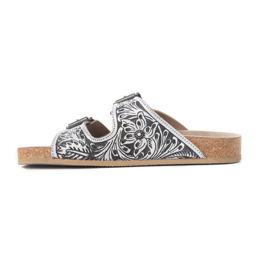 Mesa Scroll Handtooled Sandals in Black & White