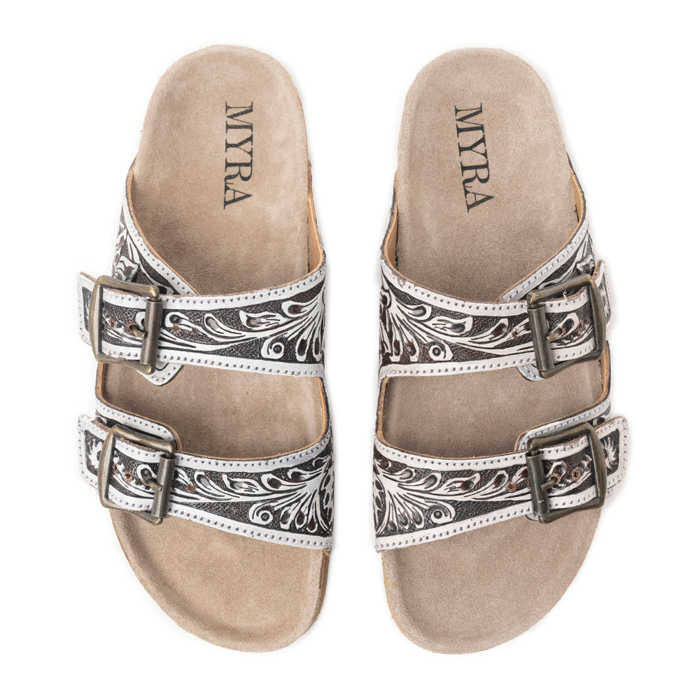 Mesa Scroll Handtooled Sandals in Black & White