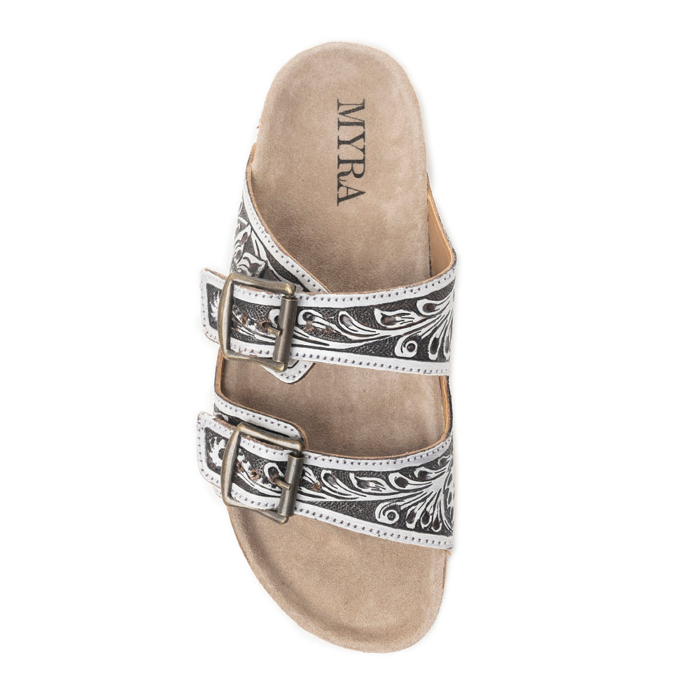 Mesa Scroll Handtooled Sandals in Black & White
