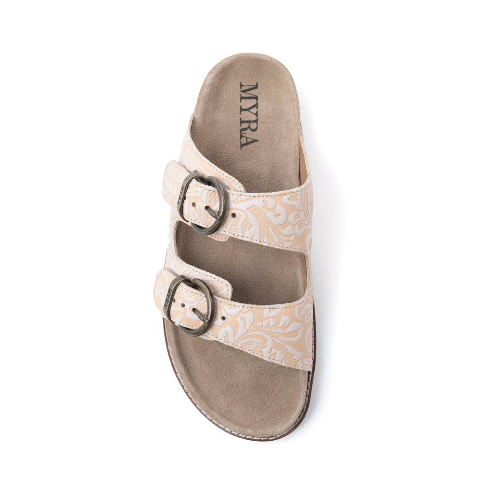 Myra Desert Lily Embossed Leather Sandals in Antique White - Myra USA