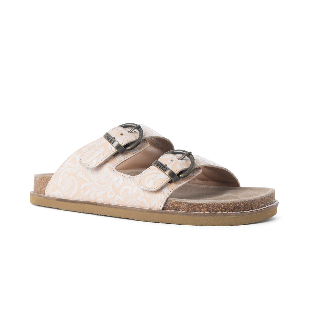 Myra Desert Lily Embossed Leather Sandals in Antique White - Myra USA