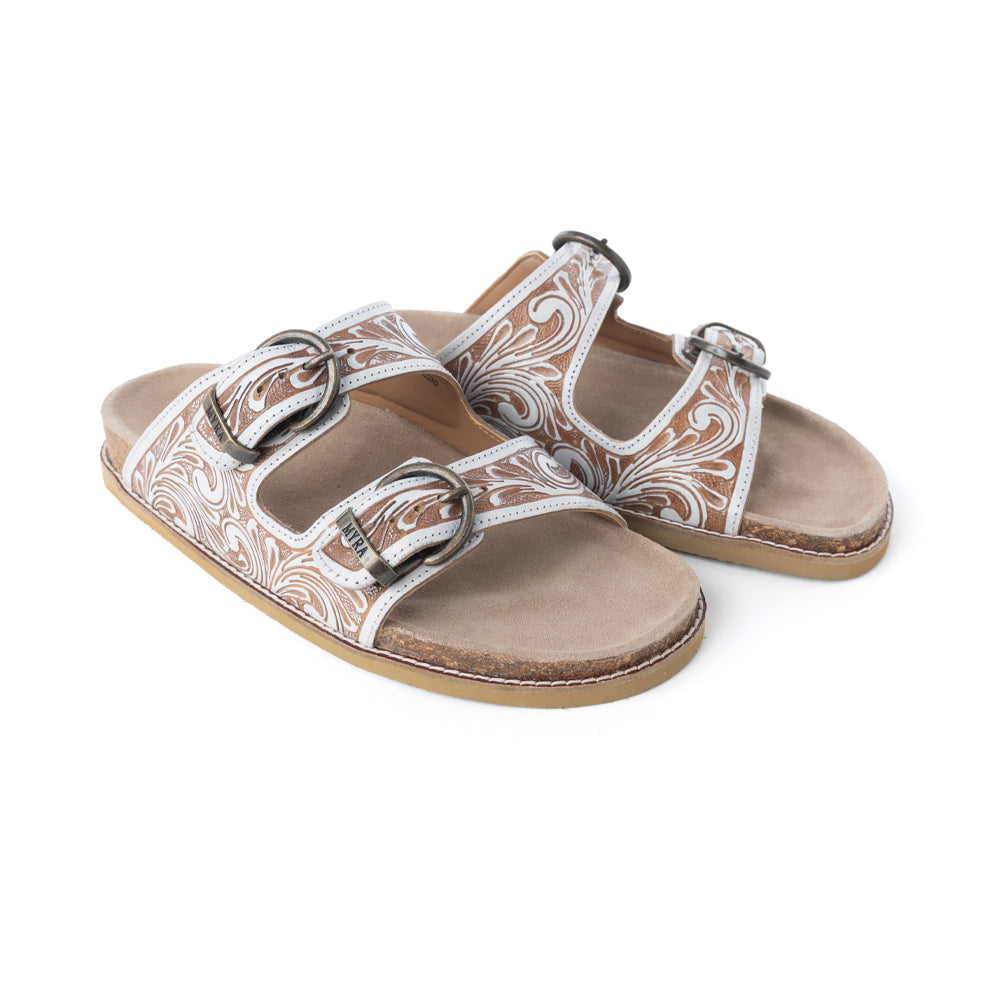 Myra Marlowe Western Handtooled Leather Sandals in Ivory Bloom - Myra USA