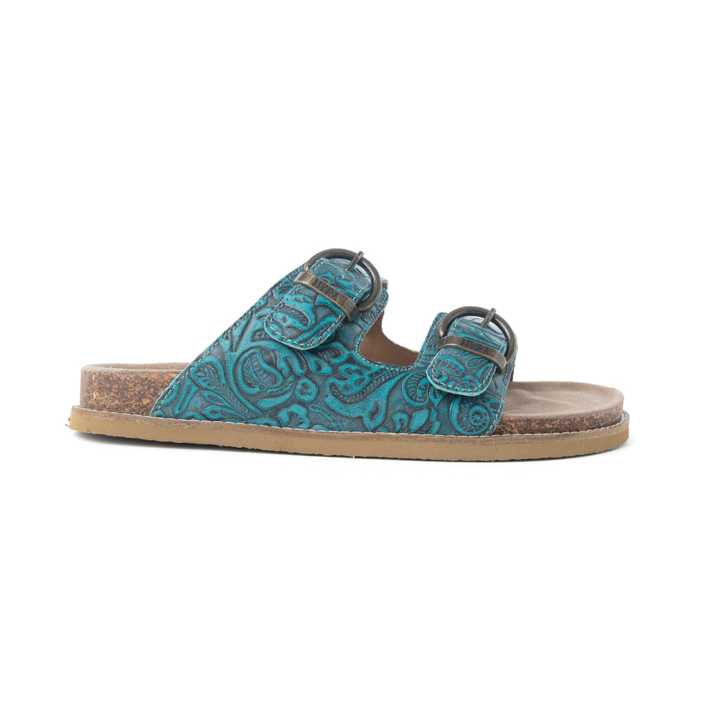 Myra Prairie Wind Embossed Leather Sandals in Western Jade - Myra USA