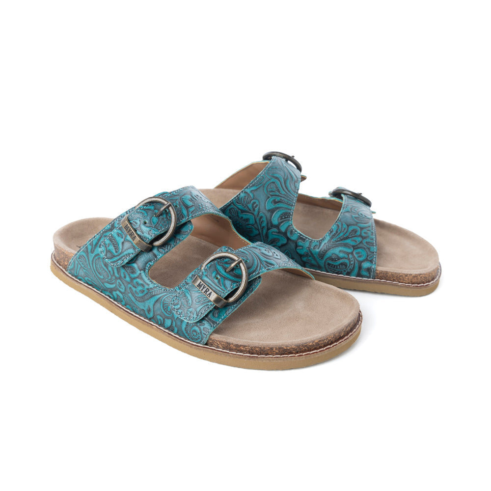 Myra Prairie Wind Embossed Leather Sandals in Western Jade - Myra USA