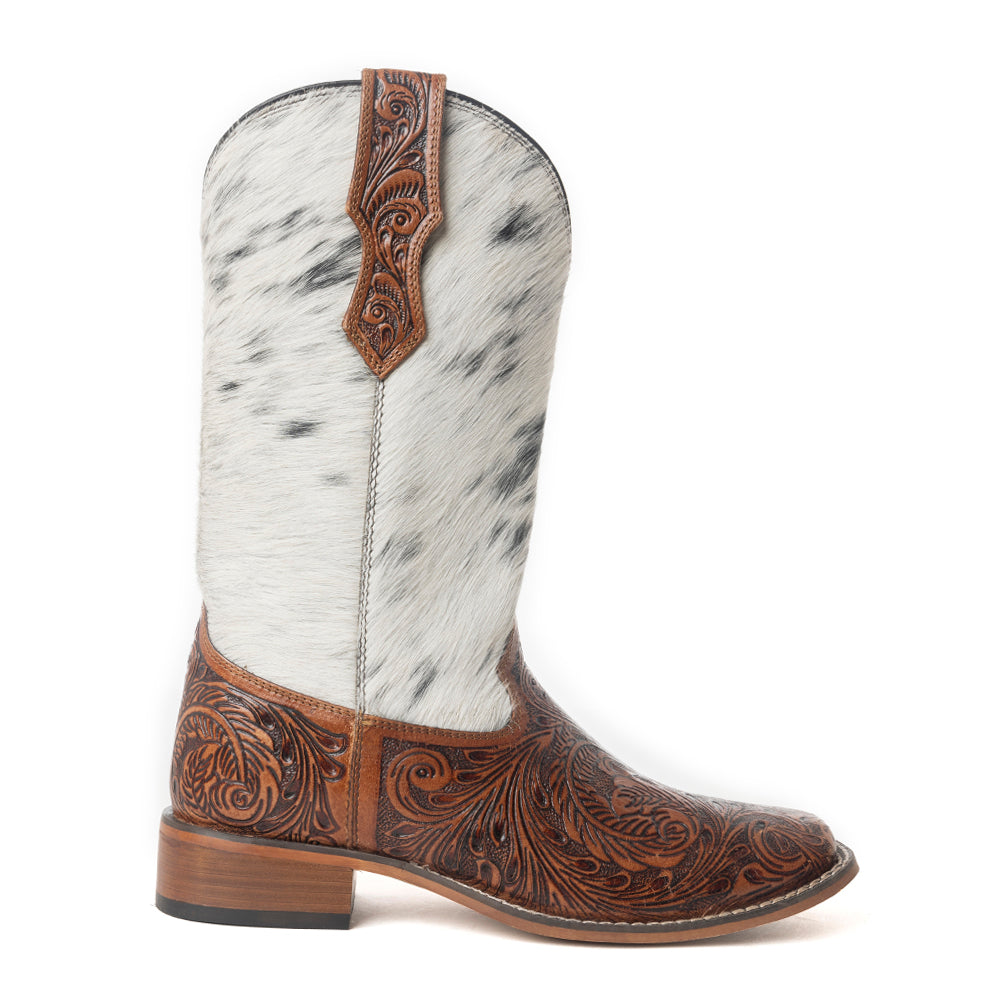 Savanna Handtooled Leather Boots in Black & White - Myra USA