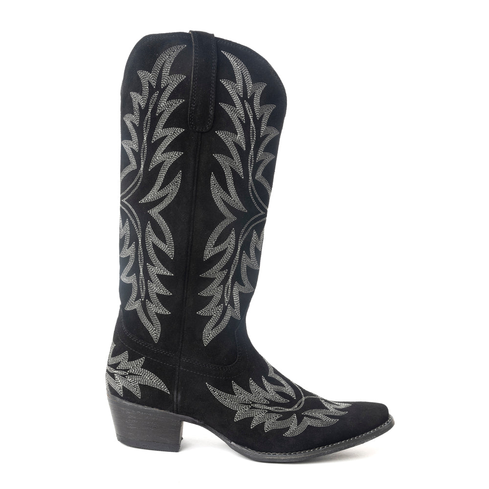 Midnight Trail Embroidered Leather Boots in Shadow Black - Myra USA
